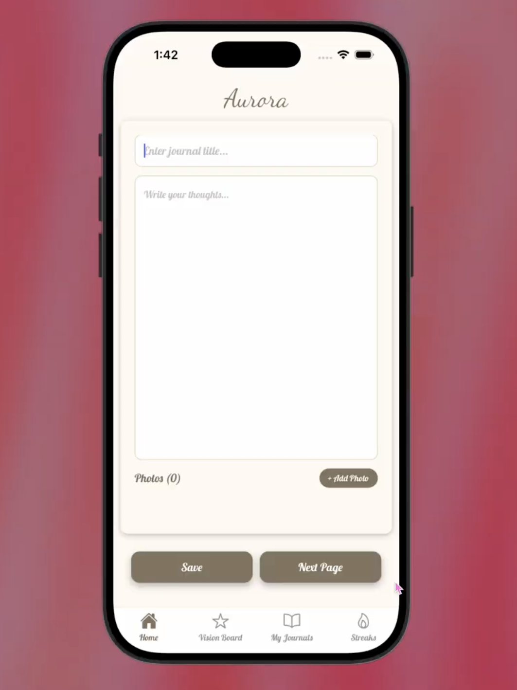 Aurora app screen showing the journaling interface
