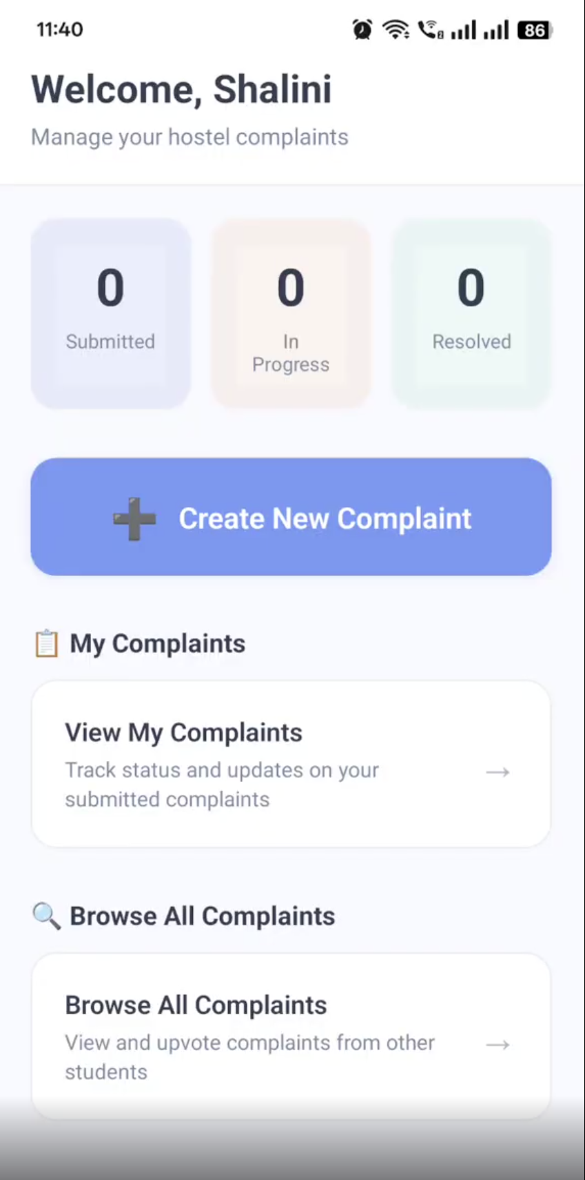 HostelCare app screen showing the interface