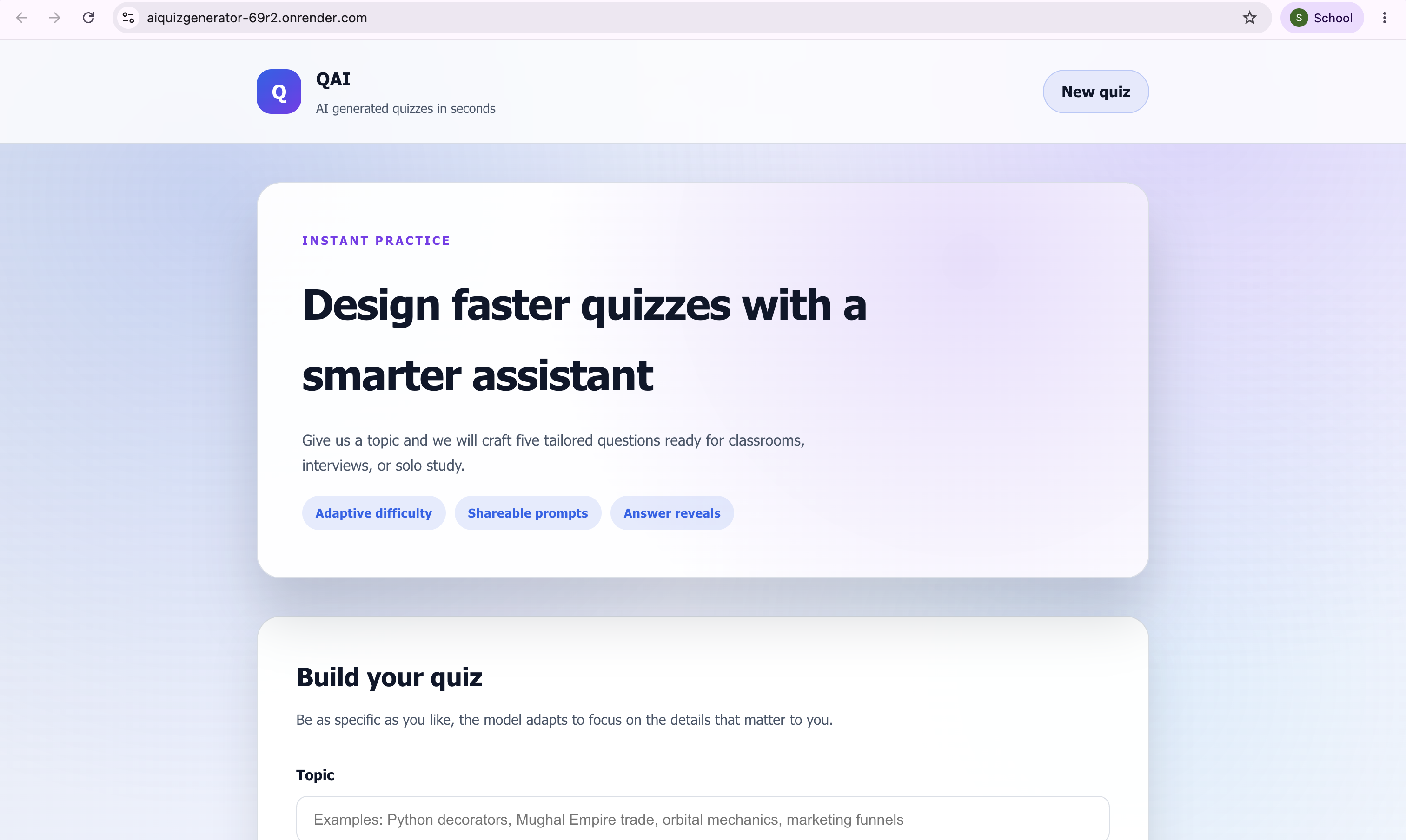 AI Quiz Generator app screen showing the interface